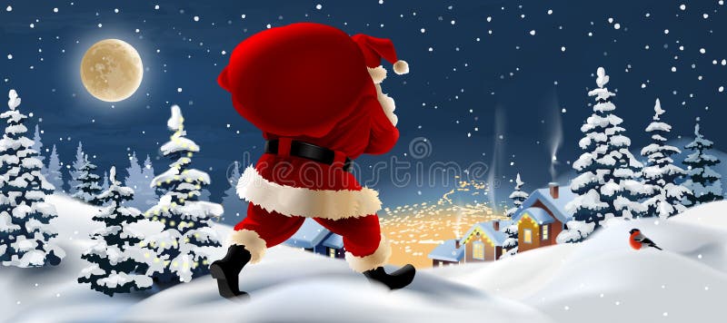 background winter landscape with Santa Claus in the foreground. Greeting card with snowy Christmas night. background winter landscape with Santa Claus in the foreground. Greeting card with snowy Christmas night.