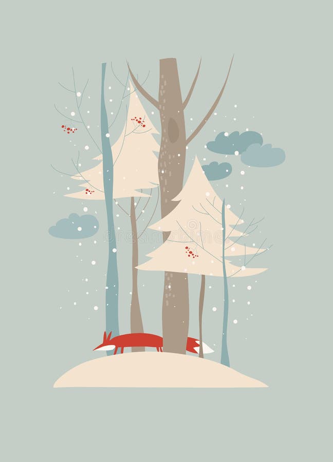 Vinterlandskap med träd och räven stock illustrationer Vinterlandskap med träd och räven stock illustrationer