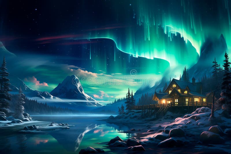 Vinterlandskapet i norr med nordligt ljus. ett hus på bergen på stranden av en sjö på vintern. royaltyfri illustrationer