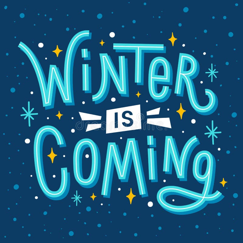 Vintern kommer Säsongscitat med teckningstext och stjärnor och snöflingor stock illustrationer