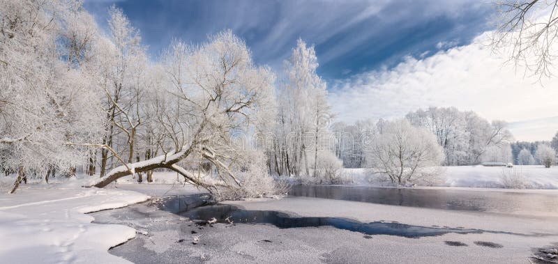 Vintern snör åt: Realistiskt panorama- jullandskap i vita signaler med den iskalla floden som omges av Whitetailträd och djupblå arkivbild Vintern snör åt: Realistiskt panorama- jullandskap i vita signaler med den iskalla floden som omges av Whitetailträd och djupblå arkivbild