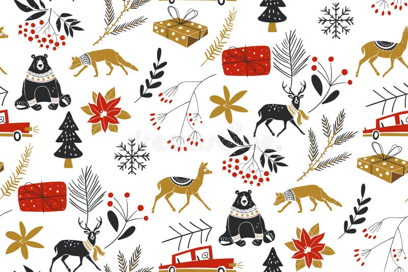 Vintern Vector, sömlöst mönster med traditionella julklappar Perfekt för hälsningskort stock illustrationer