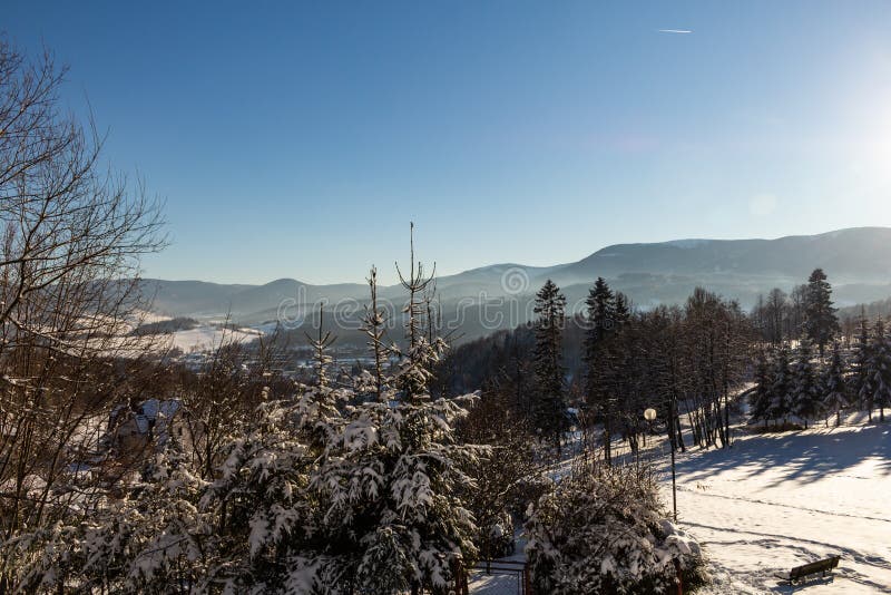 Vinterpanoramalandskapet med skogen, träd täckte snö och soluppgång winterly morgon av en ny dag Vinterlandskap med solnedgång arkivfoto Vinterpanoramalandskapet med skogen, träd täckte snö och soluppgång winterly morgon av en ny dag Vinterlandskap med solnedgång arkivfoto