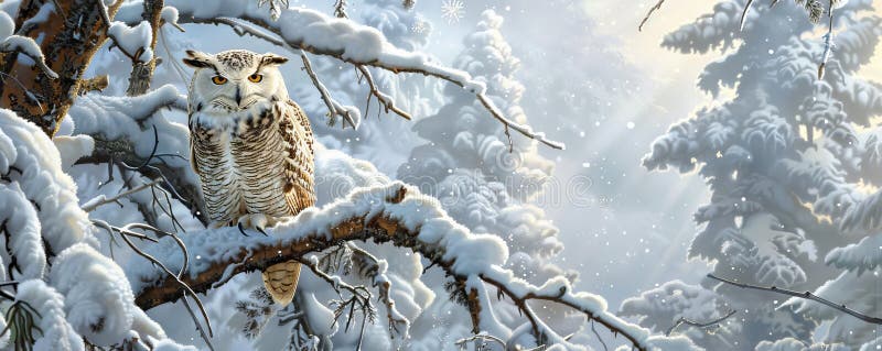 Vinterplats för vildlevande djur med snötäckta ugglor med stor uggla på en snötäckt förgrening i en serenskogsuppsättning vektor illustrationer