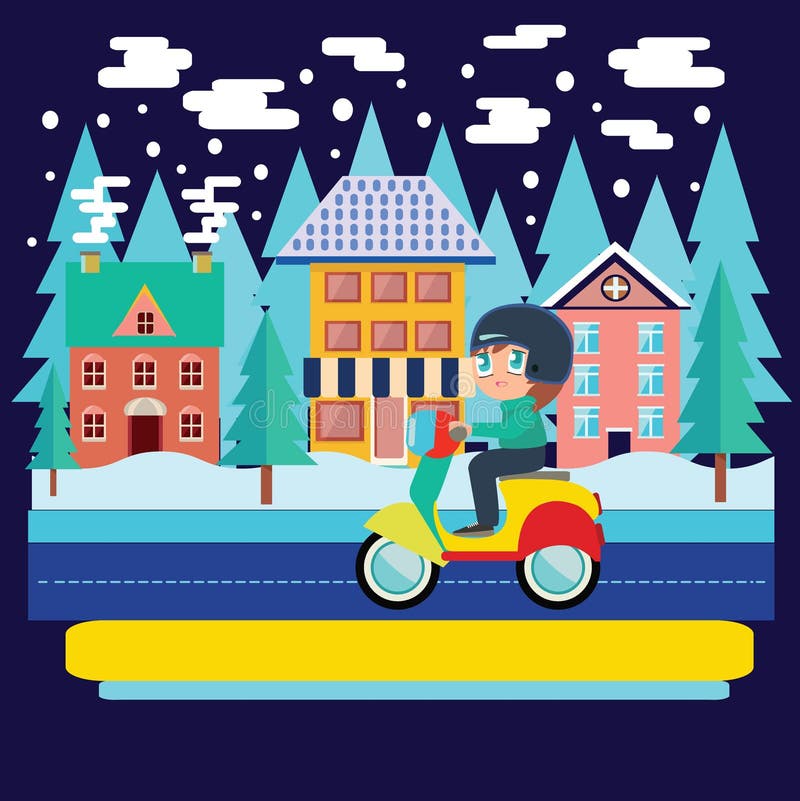 Vinterstadslandskap och pojkeridningsparkcykel, motorcykel i fla royaltyfri illustrationer Vinterstadslandskap och pojkeridningsparkcykel, motorcykel i fla royaltyfri illustrationer