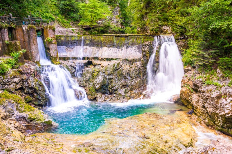 Vintgar-Schluchtwasserfall in Slowenien, Nationalpark Triglav Reines Süßwasser in den schönen touristischen Wegen der Natur und d stockfotos Vintgar-Schluchtwasserfall in Slowenien, Nationalpark Triglav Reines Süßwasser in den schönen touristischen Wegen der Natur und d stockfotos