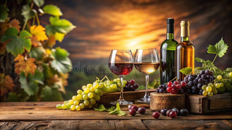Vinul excelent afișează o priveliște panoramică a sticluțelor elegante Struguri și sticlărie Perfectă pentru o adunare sofisticată stock illustration