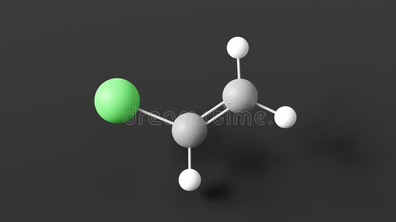 Vinyl chloride molecular structure, organochloride, ball and stick 3d model, structural chemical formula with colored atoms royalty free illustration