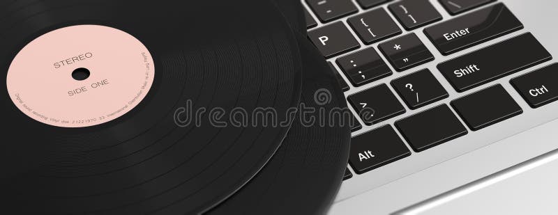 Vinyl records LP on computer keyboard, banner. 3d illustration