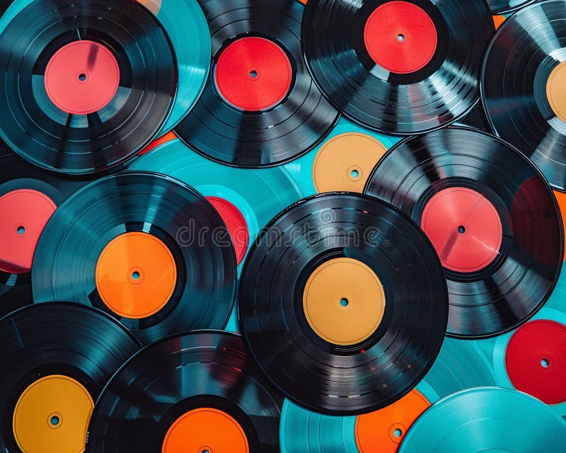 Vinyl records scattered, topdown view, retro color pop , clean sharp focus stock illustration