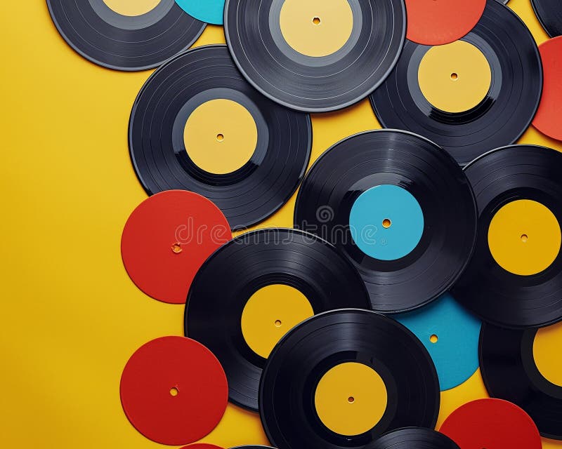 Vinyl records scattered, topdown view, retro color pop , clean sharp focus royalty free illustration