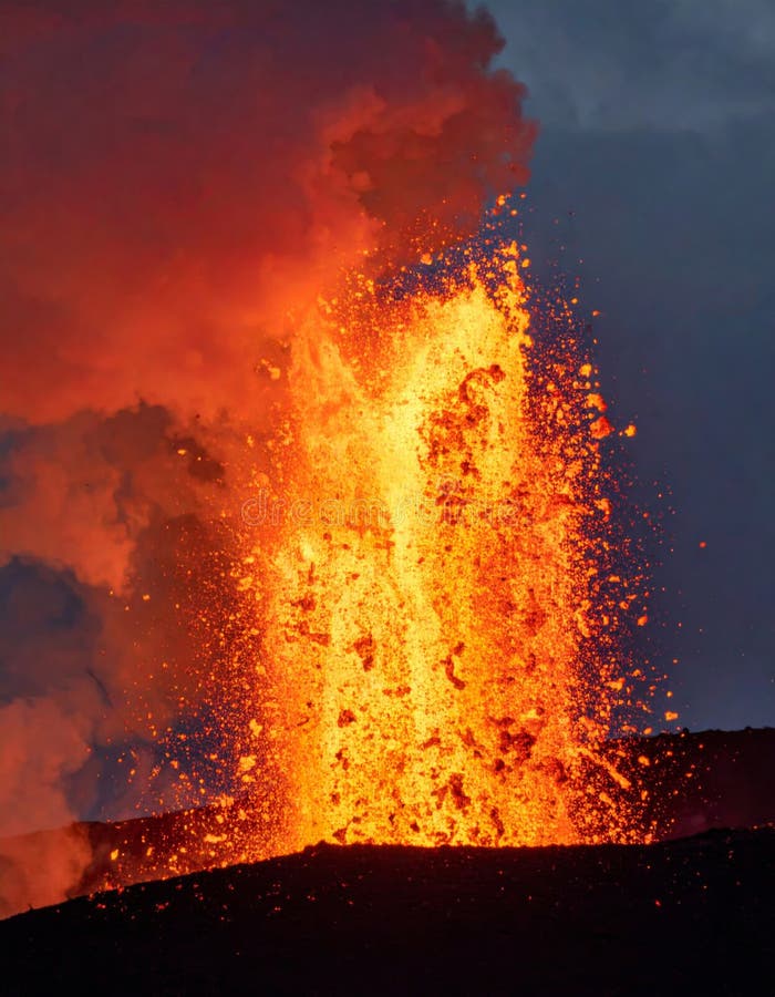 Violent Volcanic Eruption Exploding Lava into the Sky at Night with Red Smoke and Hot Glowing Magma stock illustration