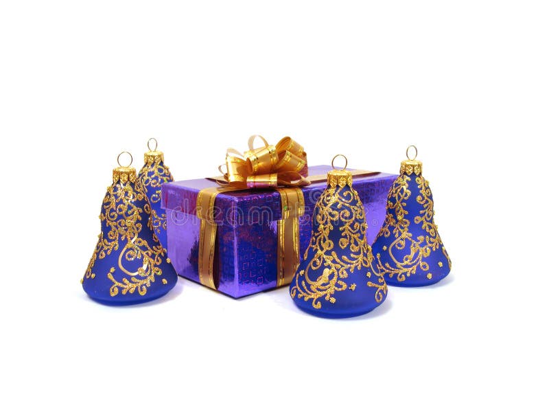 Violet Christmas decoration and congratulatory box on white