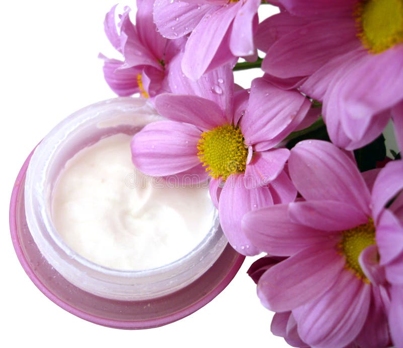 Púrpura envase de cosmético hidratante crema flores.