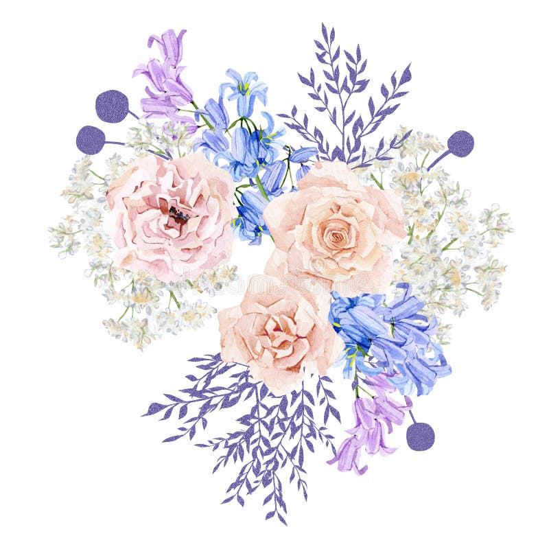 Violet floral bouquet watercolor illustration with hand drawn boho flower, peonies, wildflowers, spring elegant garden flowers vector illustration Violet floral bouquet watercolor illustration with hand drawn boho flower, peonies, wildflowers, spring elegant garden flowers vector illustration