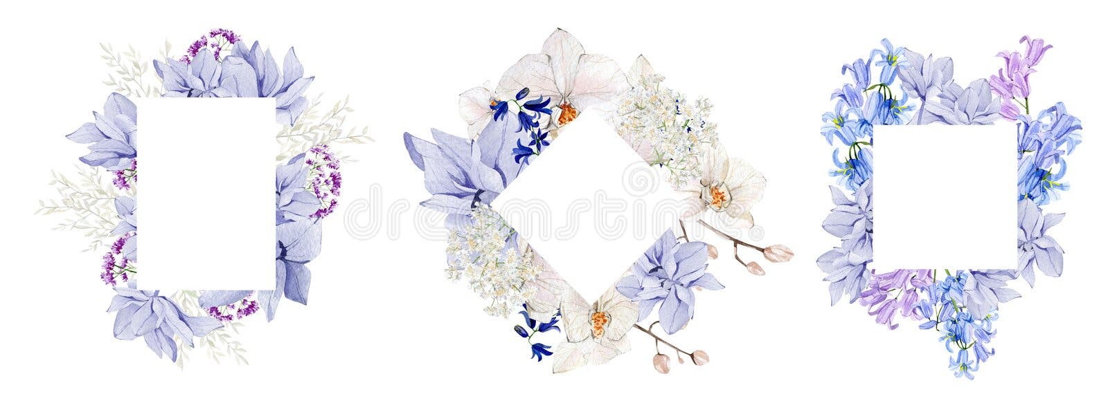 Violet floral frame watercolor illustration wedding card with hand drawn boho flower, orchid, peony, wildflowers. stock illustration Violet floral frame watercolor illustration wedding card with hand drawn boho flower, orchid, peony, wildflowers. stock illustration