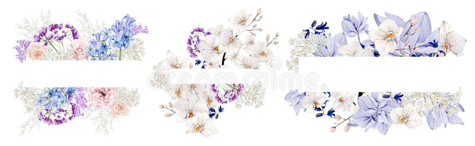 Violet floral frame watercolor illustration wedding card with hand drawn boho flower, orchid, peony, wildflowers. royalty free illustration Violet floral frame watercolor illustration wedding card with hand drawn boho flower, orchid, peony, wildflowers. royalty free illustration