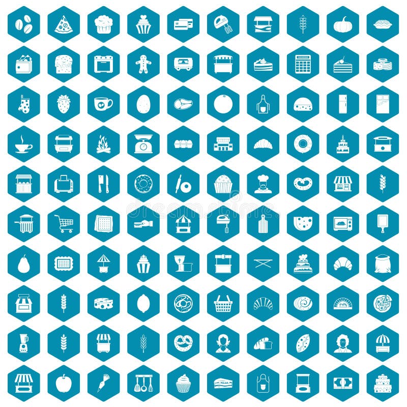 100 bakery icons set in sapphirine hexagon isolated vector illustration. 100 bakery icons set in sapphirine hexagon isolated vector illustration