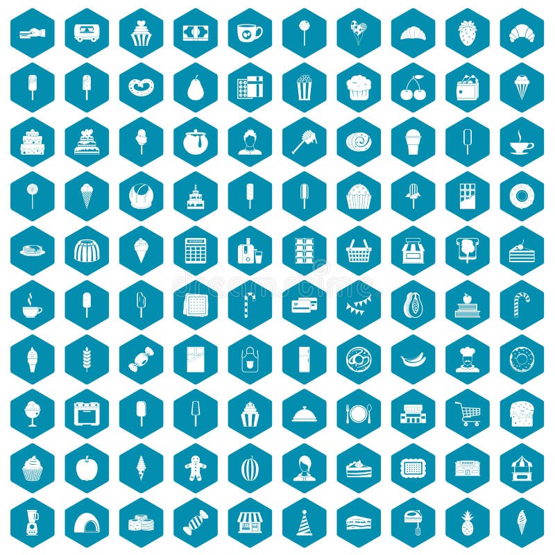 100 dessert icons set in sapphirine hexagon isolated vector illustration. 100 dessert icons set in sapphirine hexagon isolated vector illustration