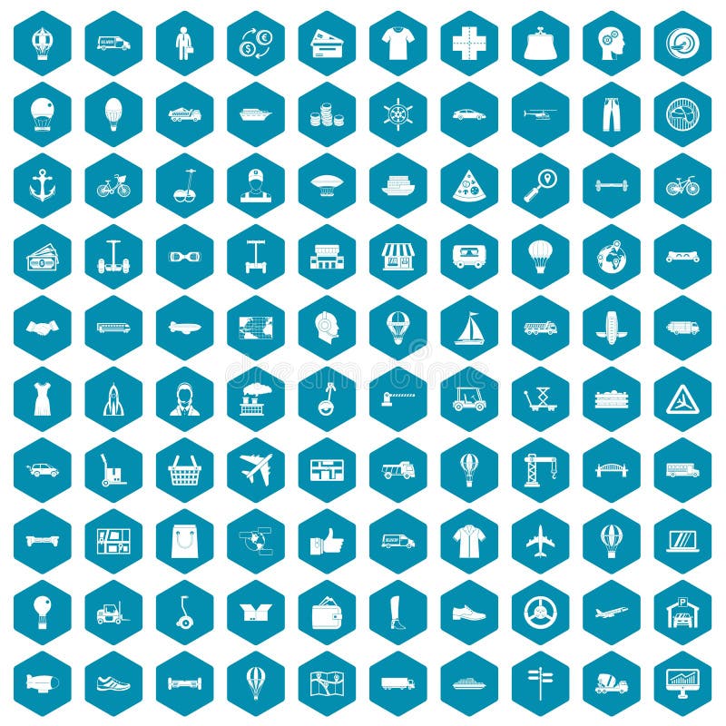 100 logistics icons set in sapphirine hexagon isolated vector illustration. 100 logistics icons set in sapphirine hexagon isolated vector illustration