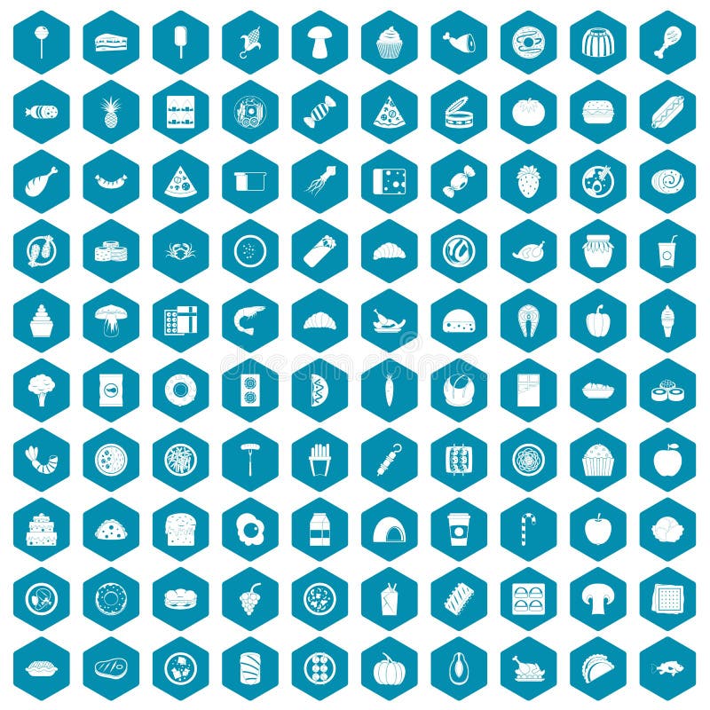 100 meal icons set in sapphirine hexagon isolated vector illustration. 100 meal icons set in sapphirine hexagon isolated vector illustration