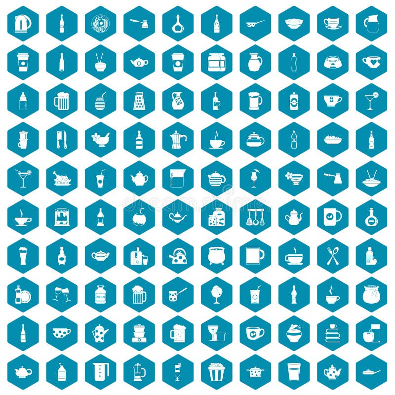 100 utensil icons set in sapphirine hexagon isolated vector illustration. 100 utensil icons set in sapphirine hexagon isolated vector illustration