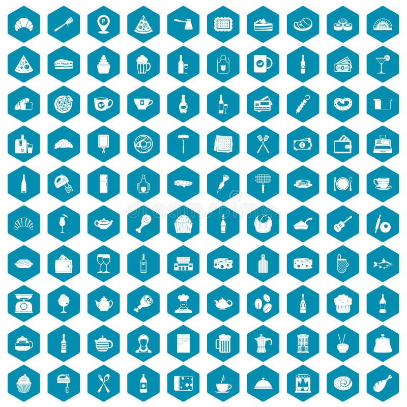 100 restaurant icons set in sapphirine hexagon isolated vector illustration. 100 restaurant icons set in sapphirine hexagon isolated vector illustration