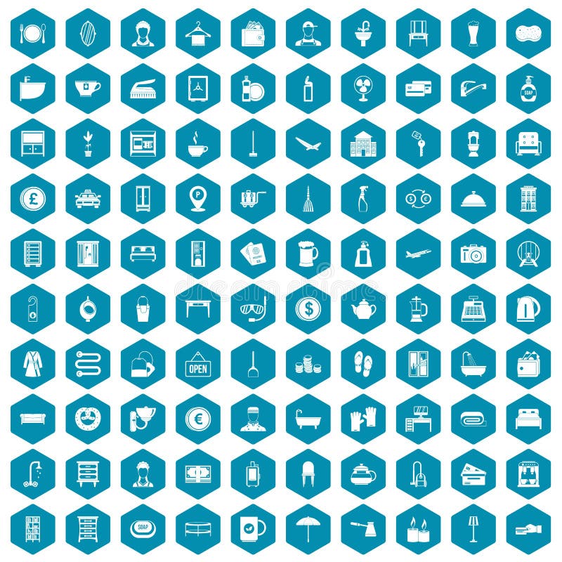 100 inn icons set in sapphirine hexagon isolated vector illustration. 100 inn icons set in sapphirine hexagon isolated vector illustration