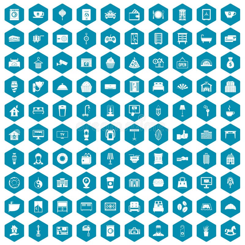 100 hotel icons set in sapphirine hexagon isolated vector illustration. 100 hotel icons set in sapphirine hexagon isolated vector illustration