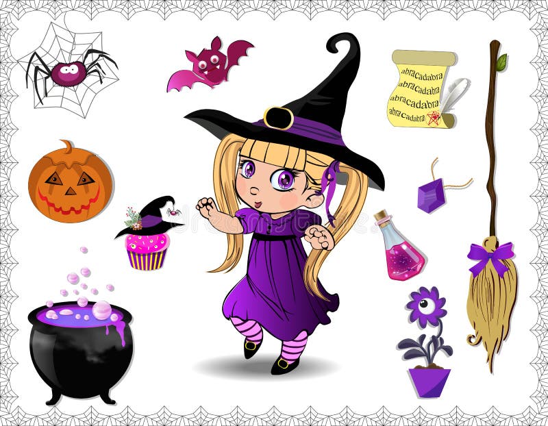 Violet halloween cartoon set of objects for witches and cute witch girl on white background