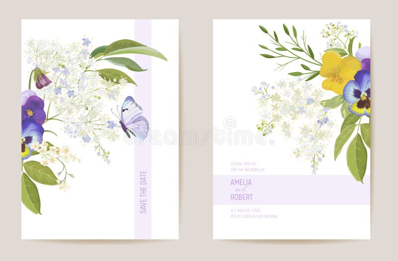Violet pansy floral da nubile, salva la data fissata. vettoriale di invito boho. struttura a colori royalty illustrazione gratis
