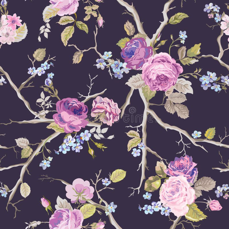 Violet Roses Flowers Texture Background. Seamless Floral Pattern