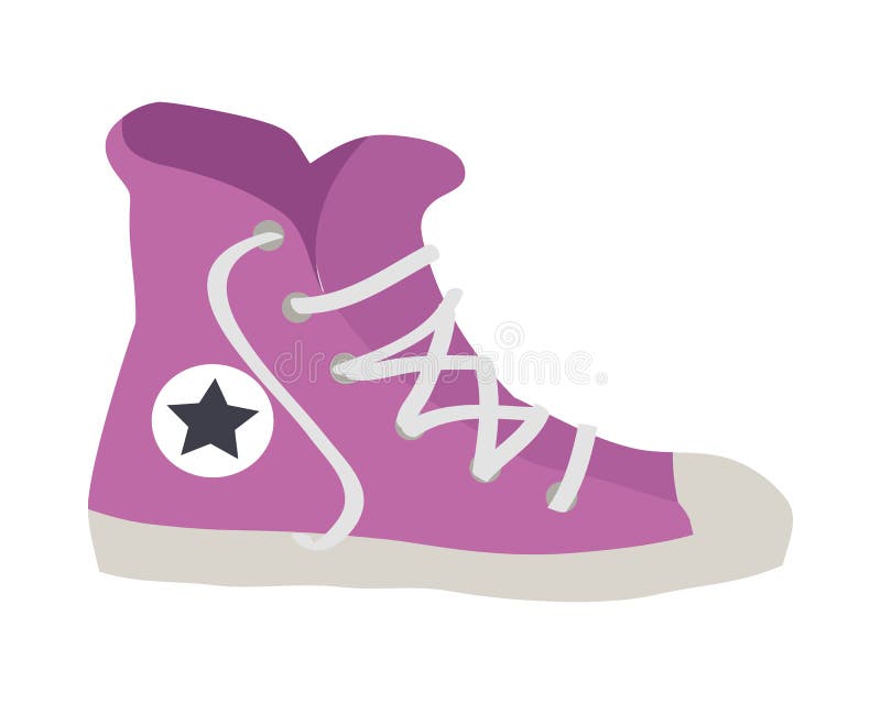 violet sport footwear. Illustration of one sneaker with white loosed shoelace. Fashionable shoes for people. White sole. White circle with black star. Cartoon design. Flat style. Vector. violet sport footwear. Illustration of one sneaker with white loosed shoelace. Fashionable shoes for people. White sole. White circle with black star. Cartoon design. Flat style. Vector