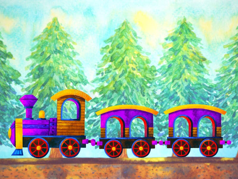 Violet train retro cartoon watercolor painting travel in christmas pine tree forest illustration design hand drawing