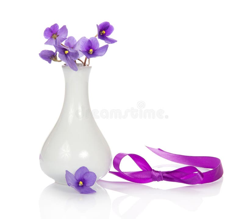 Violets in vase and ribbon stock image. Image of nature 41962089