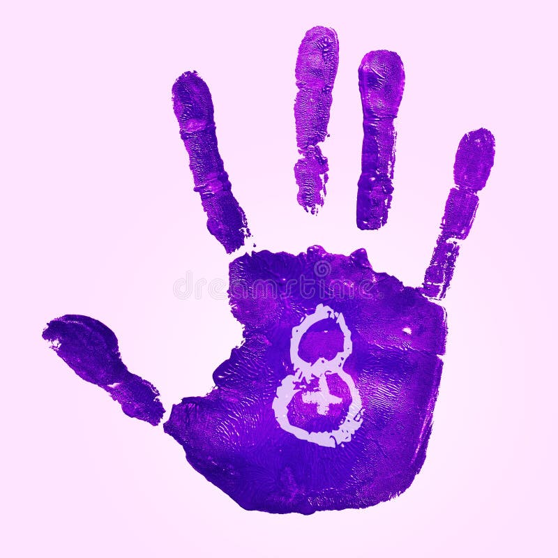 Violett handprint och nummer 8, för kvinnornas dag arkivfoton Violett handprint och nummer 8, för kvinnornas dag arkivfoton