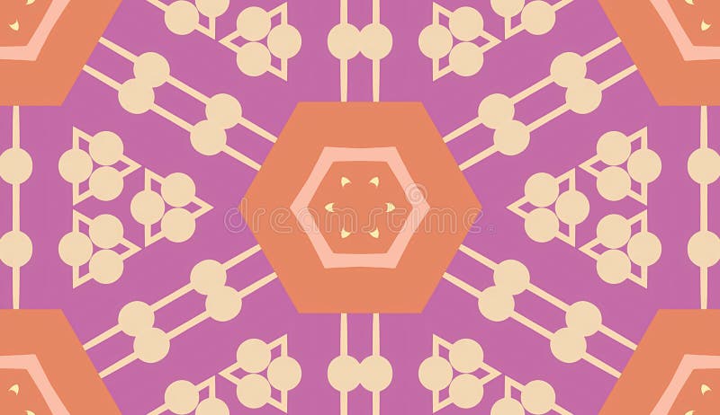 Violett und cremehexagonal mit abstrakten Elementen. Elegantes Muster mit lila Hintergrund, sechseckigen cremefarbenen Formen und abstrakten Elementen, die ein ausgeklügeltes geometrisches Design schaffen.