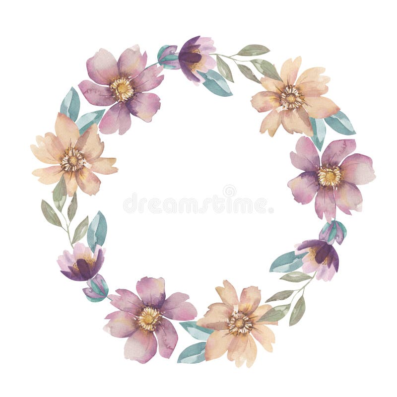 Violette cremefarbene Aquarellblumen Kränze Beeren Klitorblätter vektor abbildung