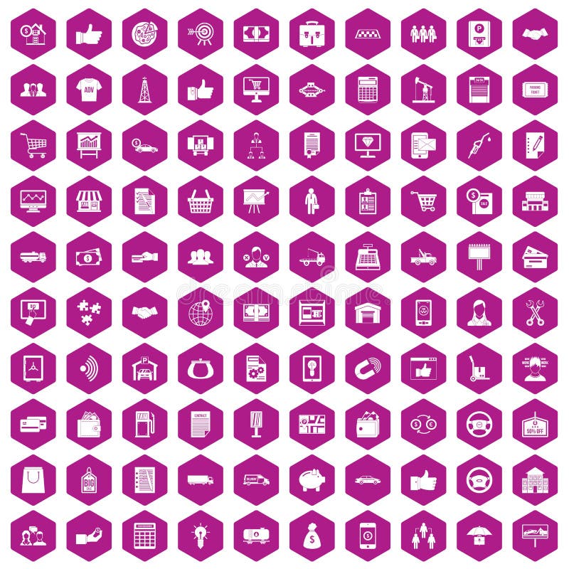 100 business icons set in violet hexagon isolated vector illustration. 100 business icons set in violet hexagon isolated vector illustration