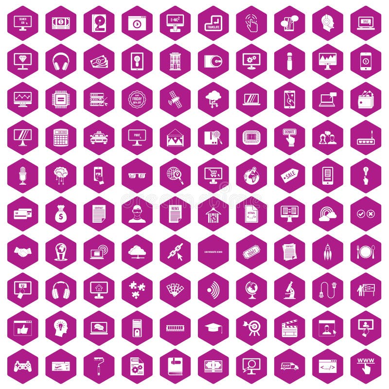 100 website icons set in violet hexagon isolated vector illustration. 100 website icons set in violet hexagon isolated vector illustration