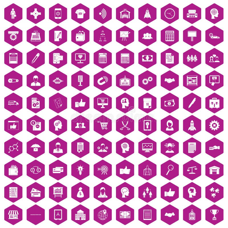 100 business strategy icons set in violet hexagon isolated vector illustration. 100 business strategy icons set in violet hexagon isolated vector illustration