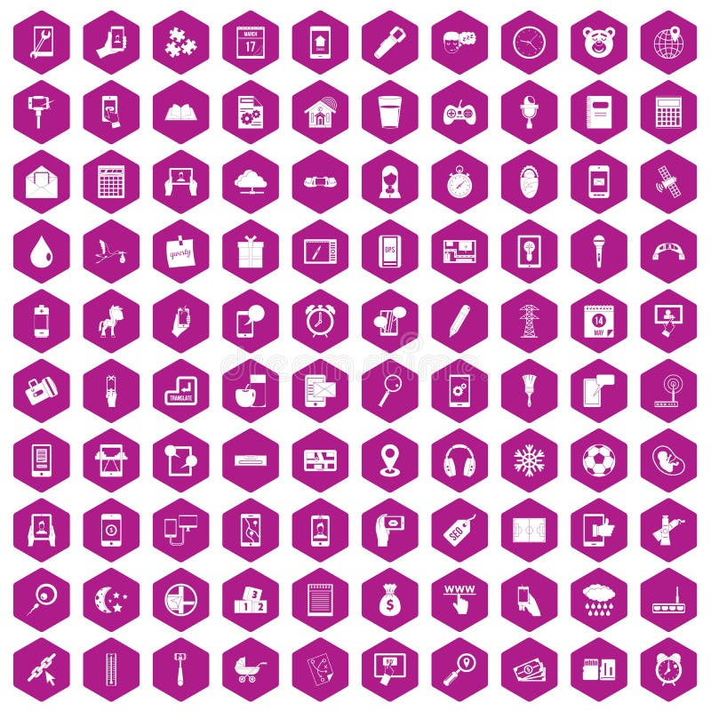 100 mobile app icons set in violet hexagon isolated vector illustration. 100 mobile app icons set in violet hexagon isolated vector illustration