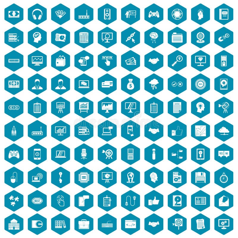 100 web development icons set in sapphirine hexagon isolated vector illustration. 100 web development icons set in sapphirine hexagon isolated vector illustration