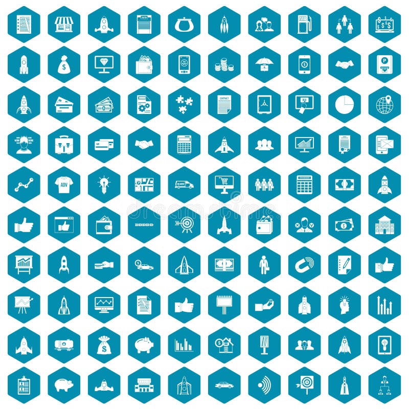 100 startup icons set in sapphirine hexagon isolated vector illustration. 100 startup icons set in sapphirine hexagon isolated vector illustration