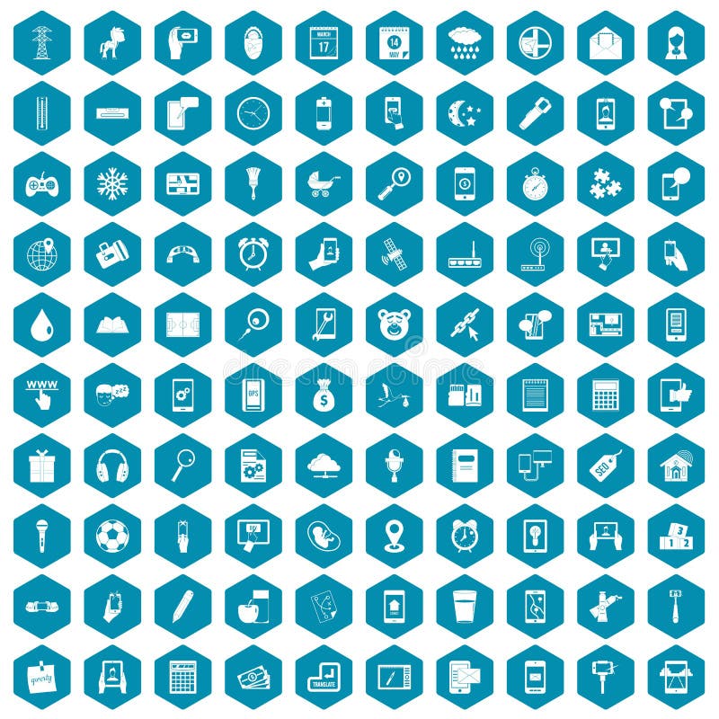 100 mobile app icons set in sapphirine hexagon isolated vector illustration. 100 mobile app icons set in sapphirine hexagon isolated vector illustration