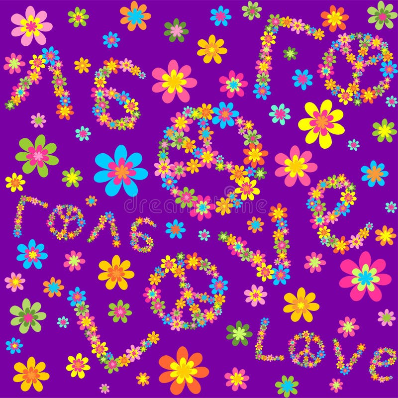 Violette Tapete der Hippie mit bunten Blumen und Liebesbeschriftung lizenzfreie abbildung Violette Tapete der Hippie mit bunten Blumen und Liebesbeschriftung lizenzfreie abbildung