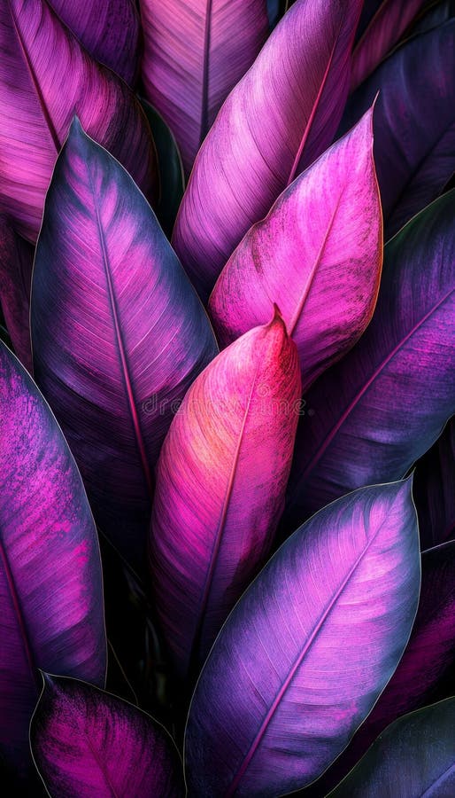 Violette tropische Blätter üppig strukturiertes Laub Hintergrund lebendige botanische Moody Beleuchtung stock abbildung