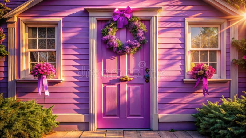 Violette Villa mit Blumendekoration und Kranz. Generative AI lizenzfreie abbildung
