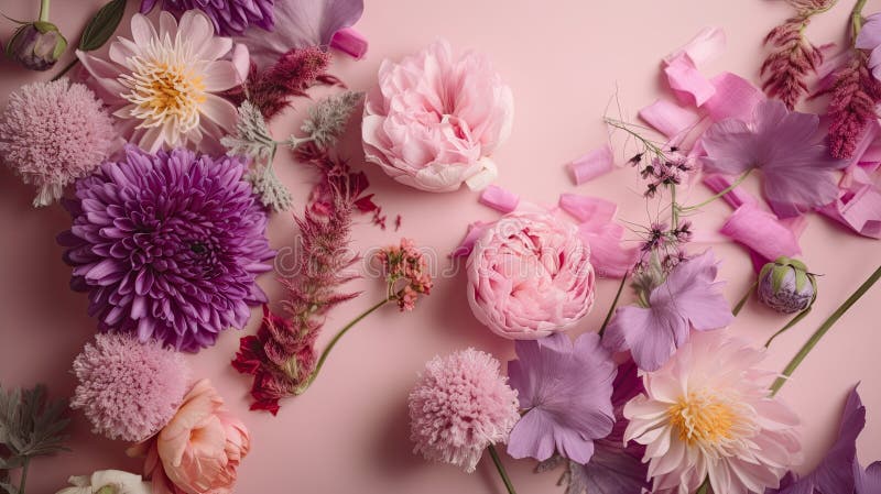 Violetter Hintergrund mit Topansicht Rosa und violette Blumenkomposition. generative Hilfe vektor abbildung