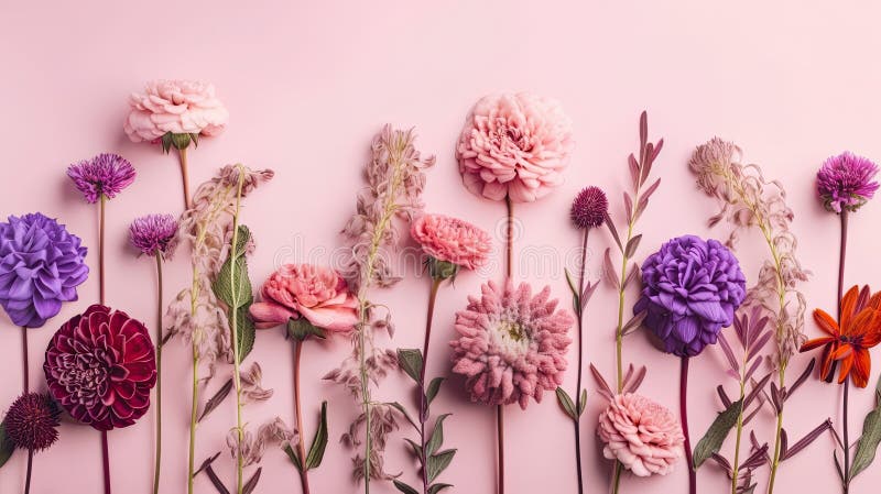 Violetter Hintergrund mit Topansicht Rosa und violette Blumenkomposition. generative Hilfe stock abbildung